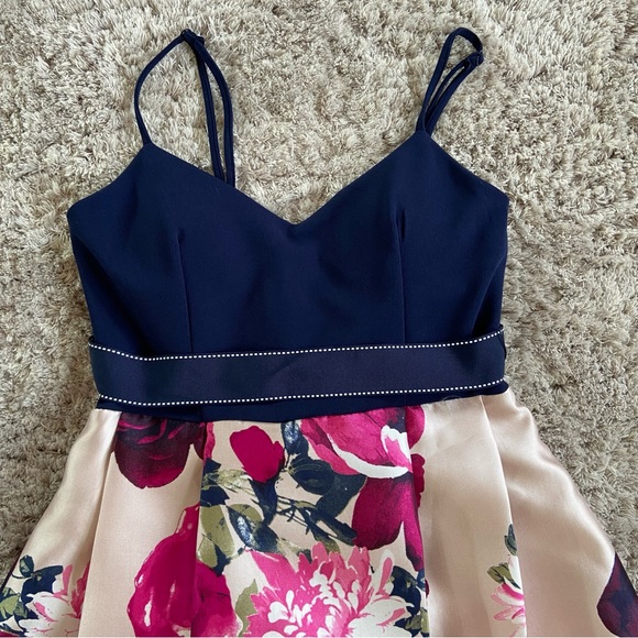 Spaghetti strap navy blue & large blush base, floral print skirt - Picture 5 of 6